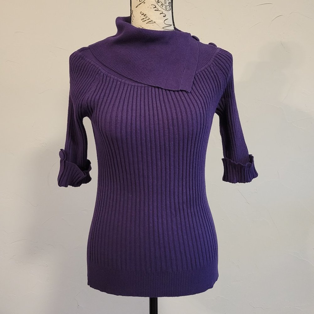 INC International Concepts Ribbed Asymmetrical Cowl Sweater, Large, Purple